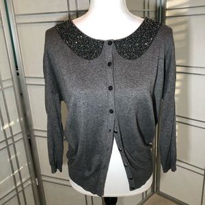 NWT Loft Gray Cardigan Sweater w Beaded Collar